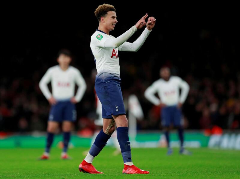 FILE PHOTO: Soccer Football - Carabao Cup Quarter-Final - Arsenal v Tottenham Hotspur - Emirates Stadium, London, Britain - December 19, 2018  Tottenham's Dele Alli gestures to the Arsenal fans during the match   Action Images via Reuters/Andrew Couldridge/File Photo