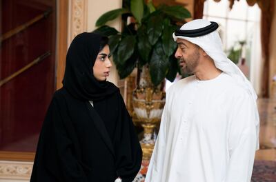 Sheikh Mohammed bin Zayed, Crown Prince of Abu Dhabi Deputy Supreme Commander of the UAE Armed Forces, receives Jawaher Saif Al Kumaiti. Hamad Al Kaabi / Crown Prince Court - Abu Dhabi