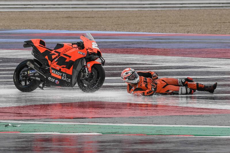 KTM-Tech3 rider Iker Lecuona falls during the second free practice session ahead of the San Marino MotoGP Grand Prix at the Misano World Circuit Marco-Simoncelli in Italy on September 17. AFP