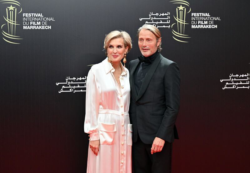 Director Melita Toscan Du Plantier, left, and actor Mads Mikkelsen, at the screening of Hit Man during the 20th Marrakech International Film Festival. EPA