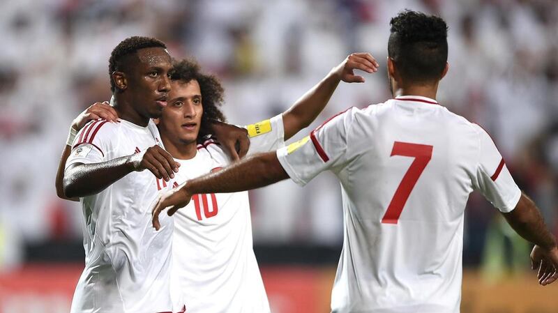 Omar Abdulrahman, centre, was one of the stars of the UAE team that came third at the 2015 Asian Cup. Getty Images