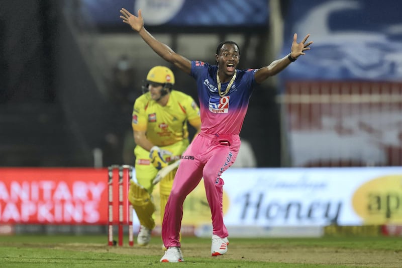 Jofra Archer of Rajasthan Royals appeals unsuccessfully during match 4 of season 13 of the Dream 11 Indian Premier League (IPL) between Rajasthan Royals and Chennai Super Kings held at the Sharjah Cricket Stadium, Sharjah in the United Arab Emirates on the 22nd September 2020.
Photo by: Deepak Malik  / Sportzpics for BCCI