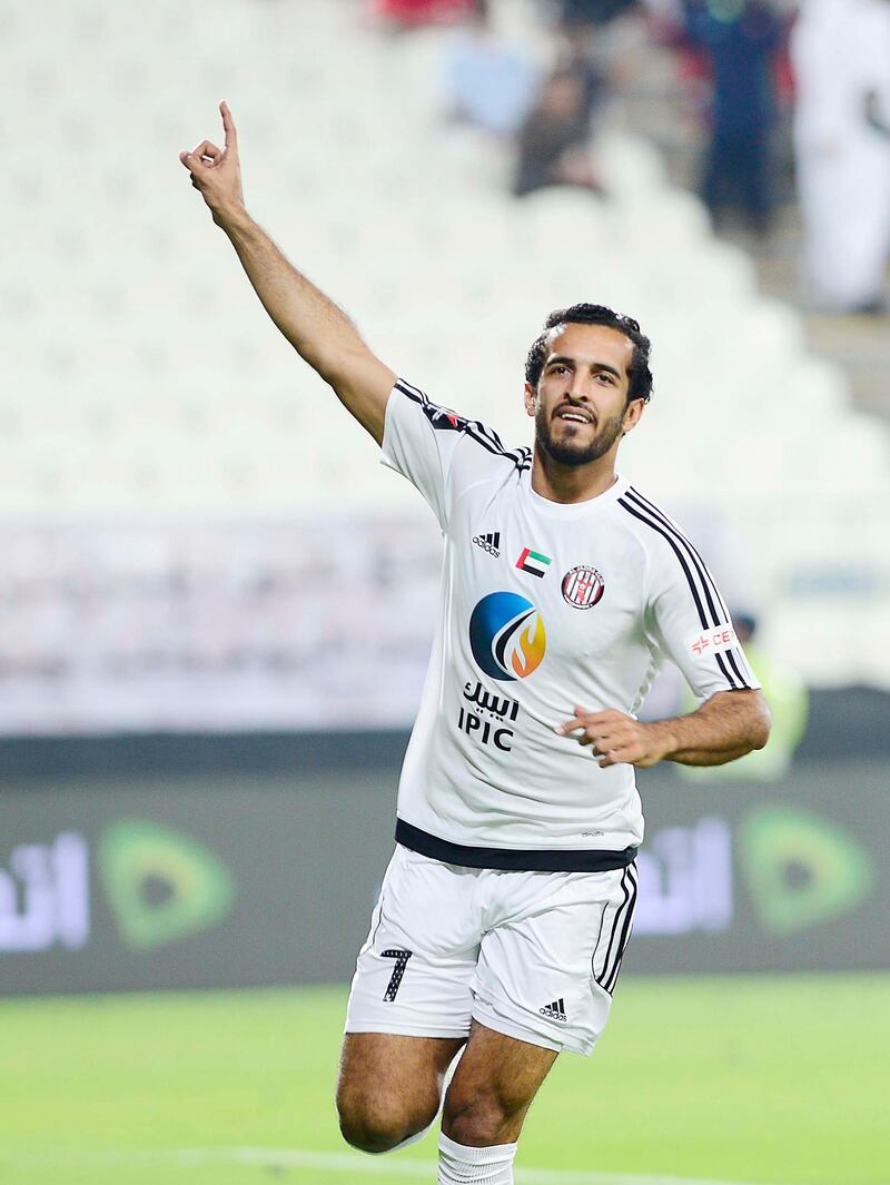 Ali Mabkhout of Al Jazira celebrates scoring a goal during the Arabian Gulf League football match between Al Jazira and Al Shabab, at Mohammed Bin Zayed Stadium, Abu Dhabi. 14 April 2017. Photo Courtesy: Arabian Gulf League *** Local Caption ***  sp15ap-pg1-Jazira.jpg