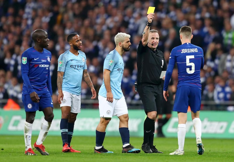 Jorginho of Chelsea is booked after a foul on Raheem Sterling. Getty Images