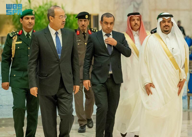Uzbekistan's Prime Minister, Abdulla Aripov, second left, arrives in Riyadh. SPA