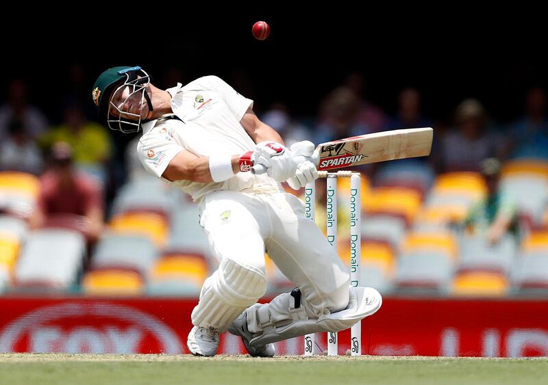 David Warner of Australia avoids a short ball from Naseem Shah in the first Test. Getty