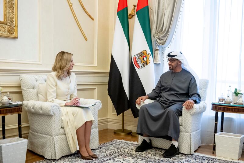 President Sheikh Mohamed meets Ukraine's first lady Olena Zelenska in Abu Dhabi. Photo: UAE Presidential Court