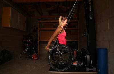 SHEFFIELD, ENGLAND - JUNE 09: Team GB Wheelchair Basketball Player Sophie Carrigill trains at home on June 09, 2020 in Sheffield, England. (Photo by Matthew Lewis/Getty Images)