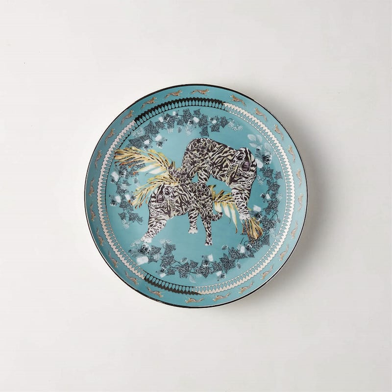 Loki turquoise dessert plate by British interior designer Matthew Williamson; Dh65.