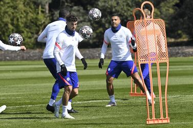 COBHAM, ENGLAND - APRIL 26: Christian Pulisic and Emerson of Chelsea during a training session at Chelsea Training Ground on April 26, 2021 in Cobham, England. (Photo by Darren Walsh/Chelsea FC via Getty Images)