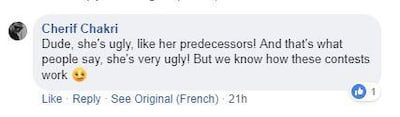 One of the comments targeting Miss Algeria 2019. Facebook