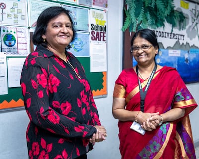 From left: Shanthi Thinaharan, a music teacher, and Mariamma Rameshkumar, who teaches chemistry and mathematics. Victor Besa / The National
