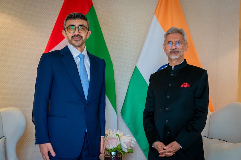 Sheikh Abdullah bin Zayed, Minister of Foreign Affairs, meets India's External Affairs Minister Subramanyam Jaishankar on the sidelines of the 'Friends of Brics' meeting in Cape Town, South Africa. All photos: Wam