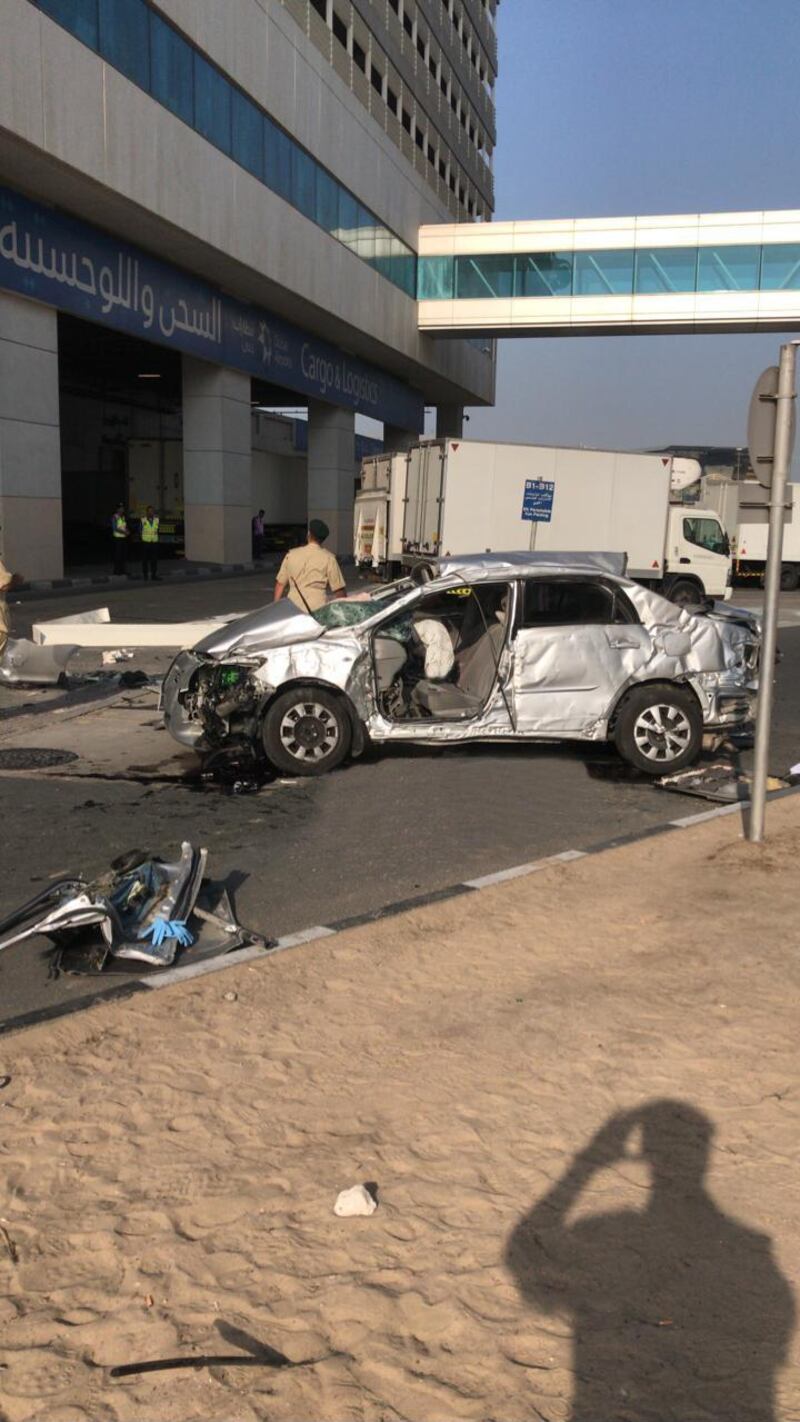 The motorist is believed to have reversed too far and broken through the barrier on the third floor of the parking complex, falling to his death. Courtesy Dubai Police