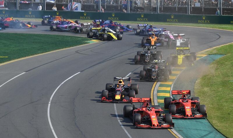 Ferrari's Sebastian Vettel and Charles Leclerc drive through turn two during the Formula One F1 Australian Grand Prix at the Albert Park Grand Prix Circuit in Melbourne, Australia. REUTERS