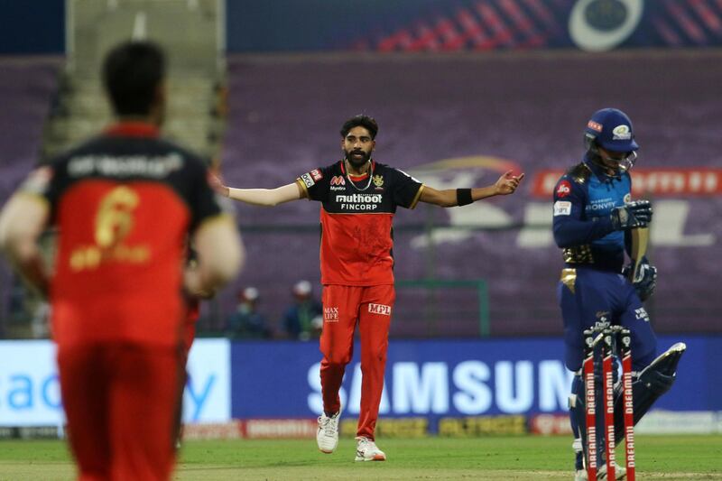 Mohammed Siraj of Royal Challengers Bangalore celebrates the wicket of Quinton de Kock of Mumbai Indians during match 48 of season 13 of the Dream 11 Indian Premier League (IPL) between the Mumbai Indians and the Royal Challengers Bangalore at the Sheikh Zayed Stadium, Abu Dhabi  in the United Arab Emirates on the 28th October 2020.  Photo by: Vipin Pawar  / Sportzpics for BCCI