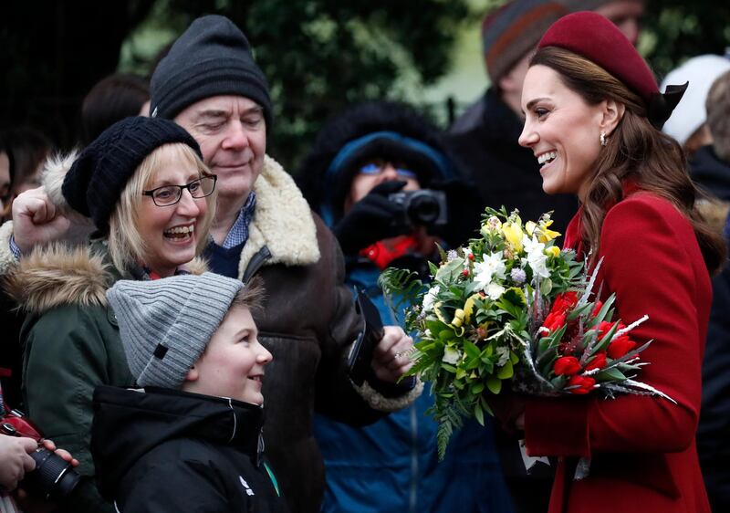 Britain's Kate, Duchess of Cambridge meets members of the crowd after attending the Christmas day service at St Mary Magdalene Church in Sandringham in Norfolk, England. AP