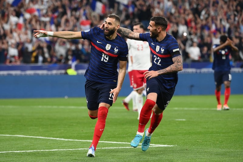 Karim Benzema celebrates  after scoring for France against Denmark during the Nations League match in June 2022. AFP