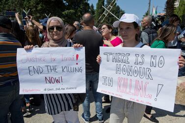 Hundreds of Palestinian women protested in front of the prime minister's office to demand an investigation into the death of Israa Ghrayeb, a 21-year-old woman whom many suspect was the victim of an honour killing. AP Photo