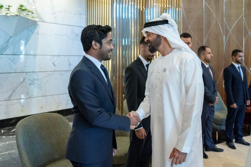 ASTANA, KAZAKHSTAN - July 05, 2018: HH Sheikh Mohamed bin Zayed Al Nahyan, Crown Prince of Abu Dhabi and Deputy Supreme Commander of the UAE Armed Forces (2nd R) greets UAE students who are studying in Kazakhstan.

Mohamed Al Hammadi / Crown Prince Court - Abu Dhabi