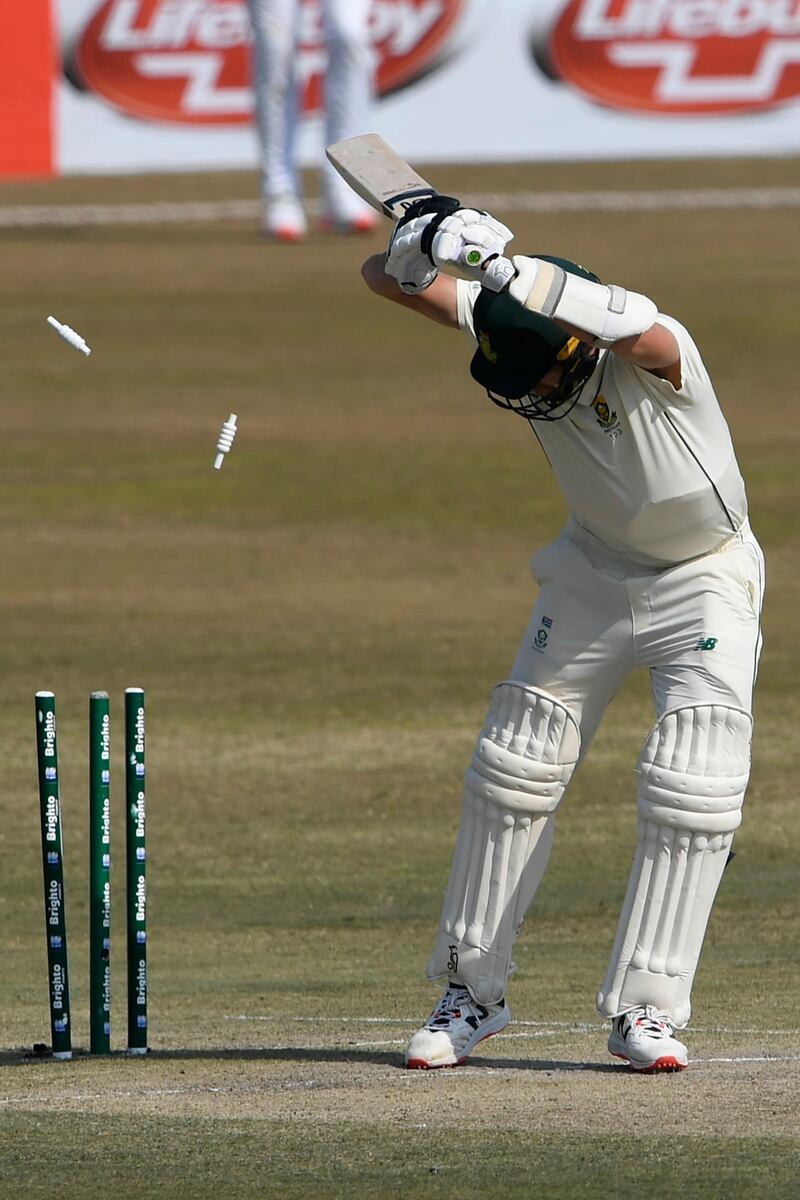 South Africa's Anrich Nortje is bowled by Pakistan's Hasan Ali for a duck. AFP