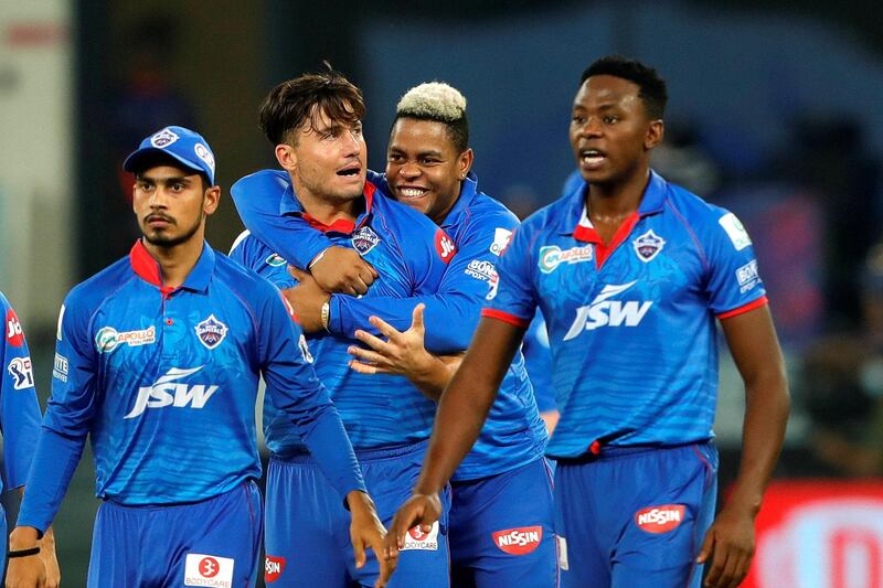 Marcus Stoinis of Delhi Capitals  celebrates the wicket of Quinton de Kock of Mumbai Indians  during the final of season 13 of the Dream 11 Indian Premier League (IPL) between the Mumbai Indians and the Delhi Capitals held at the Dubai International Cricket Stadium, Dubai in the United Arab Emirates on the 10th November 2020.  Photo by: Saikat Das  / Sportzpics for BCCI