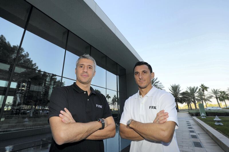 Abu Dhabi, United Arab Emirates - November 29, 2018:  Two ex-players, Hernan Crespo (L) and Nicola Burdisso, calling for the second leg of the Copa Libertadores final to be played in Argentina after Conmbeol, the South American governing body, threatened to play the match outside the country because of crowd trouble . Thursday the 29th of November 2018 at Fairmont Hotel, Abu Dhabi. Chris Whiteoak / The National