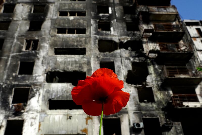 A red poppy in front of a destroyed residential building in Mariupol on May 31. AFP