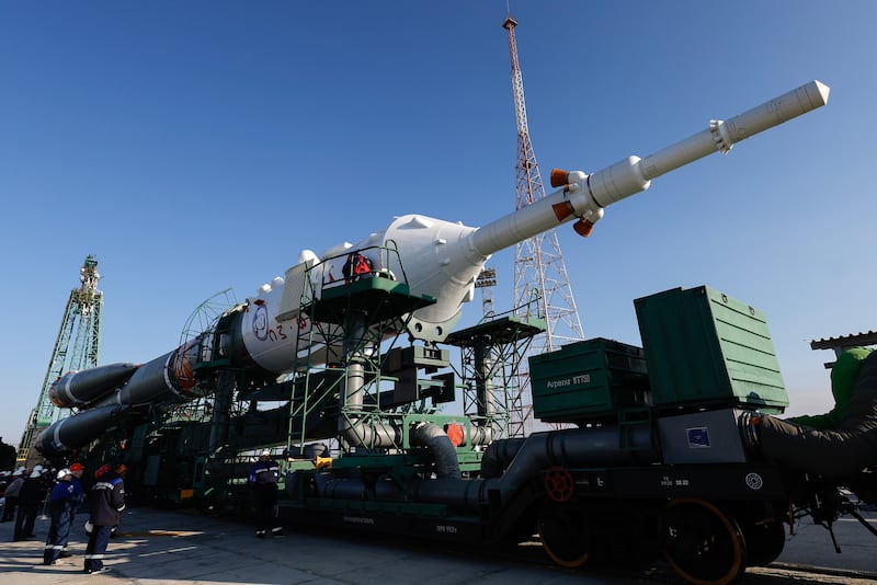 The Soyuz rocket being moved into a vertical position a lift-off. Photo: EPA 