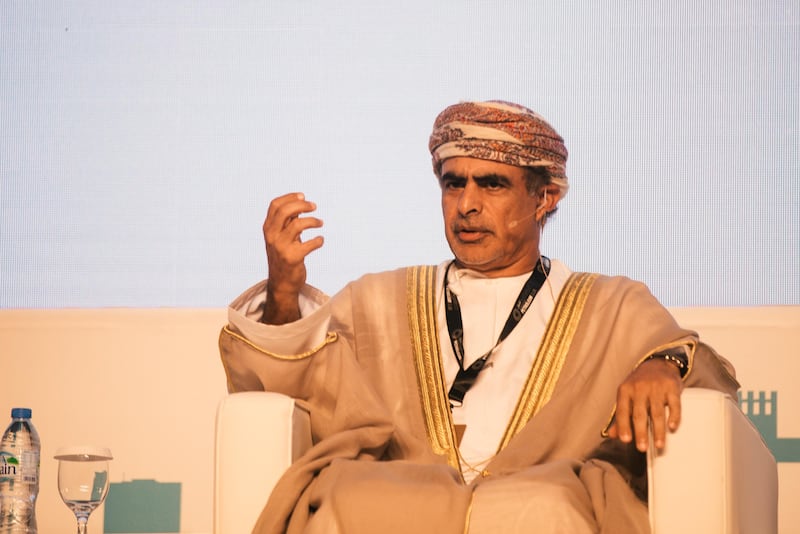Abu Dhabi, November 9th, 2015. Mohammed Bin Hamad Al Rumhy, Minister of Oil & Gas for Oman, speaks during a ministerial panel discussion on the second day of the ADIPEC exhibition at the Abu Dhabi Exhibition Center. Alex Atack for The National. *** Local Caption ***  AA_0911_ADIPEC-6.jpg