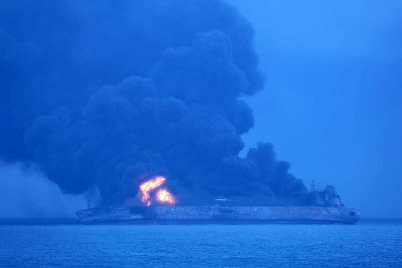 The Panama-registered Sanchi tanker is seen ablaze in open waters, after colliding with a Chinese bulk ship,  January 7, 2018. Korea Coast Guard/Yonhap via REUTERS ATTENTION EDITORS - THIS IMAGE HAS BEEN SUPPLIED BY A THIRD PARTY. SOUTH KOREA OUT. NO RESALES. NO ARCHIVE.