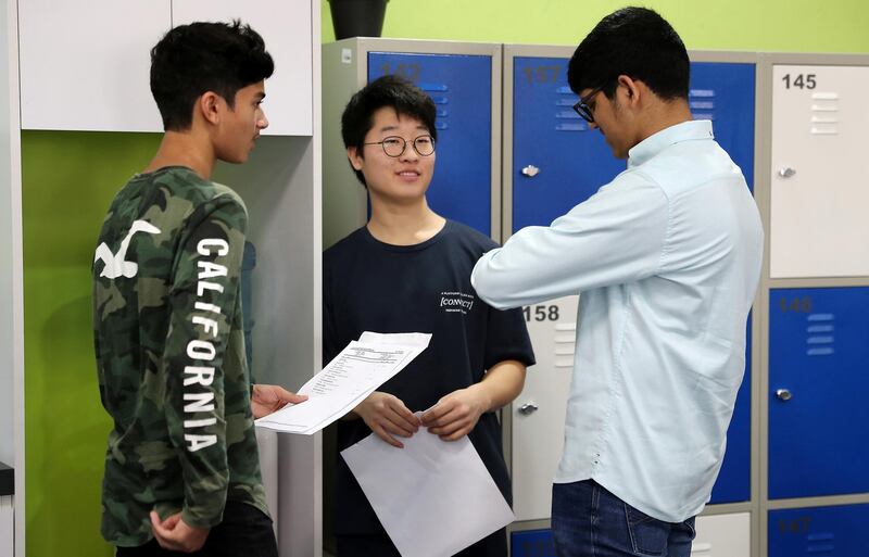 
ABU DHABI ,  UNITED ARAB EMIRATES , AUGUST 22 – 2019 :- Students receiving their GCSE results at the Brighton College in Abu Dhabi. ( Pawan Singh / The National ) For News. Story by Kelly
