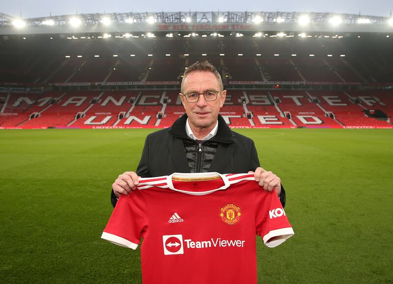 Ralf Rangnick after being unveiled as Manchester United interim manager at Old Trafford on Friday, December 3, 2021. Getty