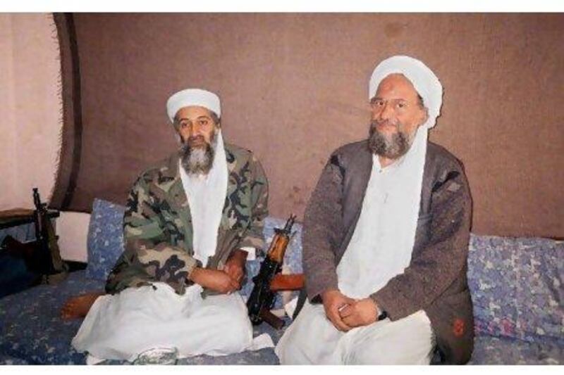 Osama bin Laden, left, sitting with his then deputy Ayman al Zawahiri at an undisclosed location in Afghanistan in a picture issued in November 2001. EPA /AUSAF NEWSPAPER / HANDOUT