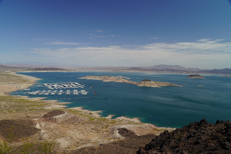 A wide shot Lake Mead and the Las Vegas Marina reveals how low the water levels are this year.
