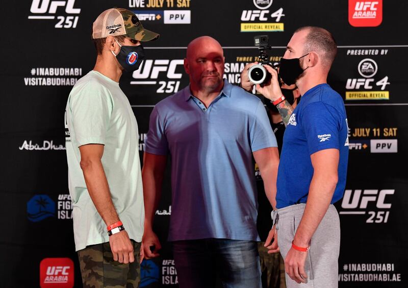 ABU DHABI, UNITED ARAB EMIRATES - JULY 10: (L-R) Opponents Leonardo Santos of Brazil and Roman Bogatov of Russia face off during the UFC 251 official weigh-in inside Flash Forum at UFC Fight Island on July 10, 2020 on Yas Island Abu Dhabi, United Arab Emirates. (Photo by Jeff Bottari/Zuffa LLC)