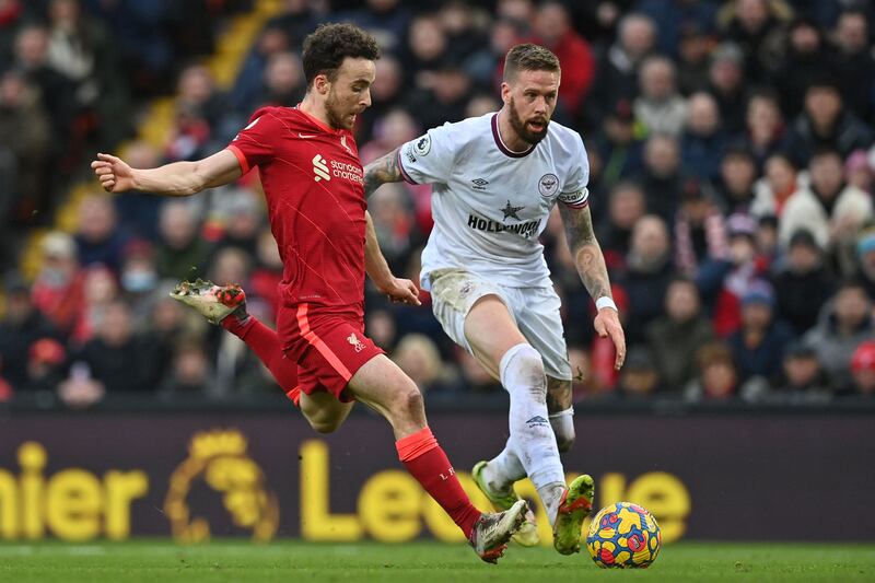 Liverpool striker Diogo Jota shoots against Brentford. Reuters