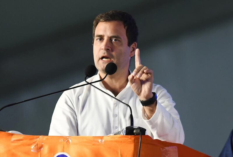 All India Congress Committee (AICC) President Rahul Gandhi addresses a public meeting for the campaign for 2018 Telangana state Assembly elections at Medchal constituency some 30 kms from Hyderabad, on November 23, 2018. - The Telangana Legislative Assembly election is scheduled to be held in Telangana state on 7 December 2018 to constitute the second Legislative Assembly. (Photo by NOAH SEELAM / AFP)