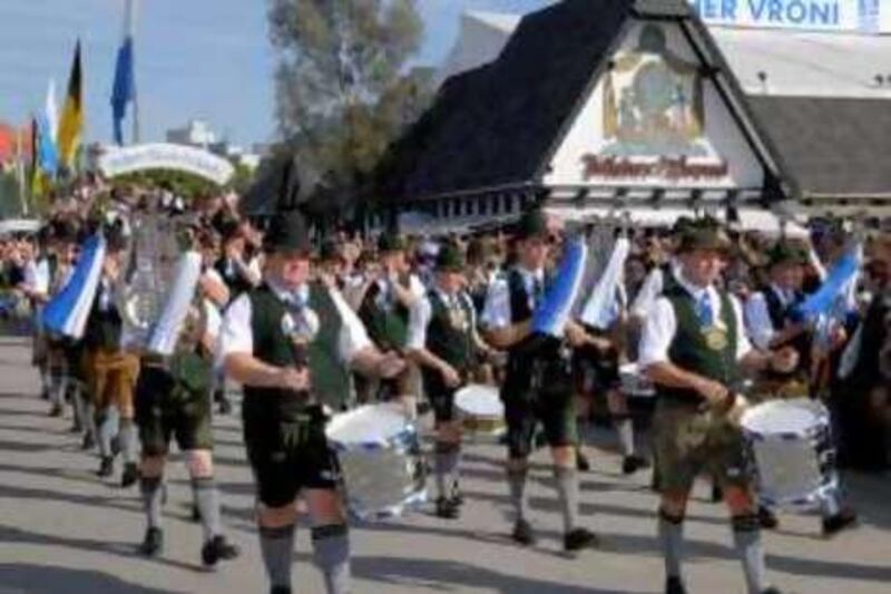 Bavarian marching band in traditional Lederhosen take part in traditional folk parade at the Munich Oktoberfest September 2007.

Credit: David Crossland/The National