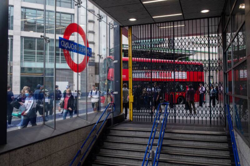 A closed Victoria underground train station. Tube workers represented by the Rail Maritime and Transport (RMT) union are conducting a day-long walkout due to a pension dispute. Getty Images