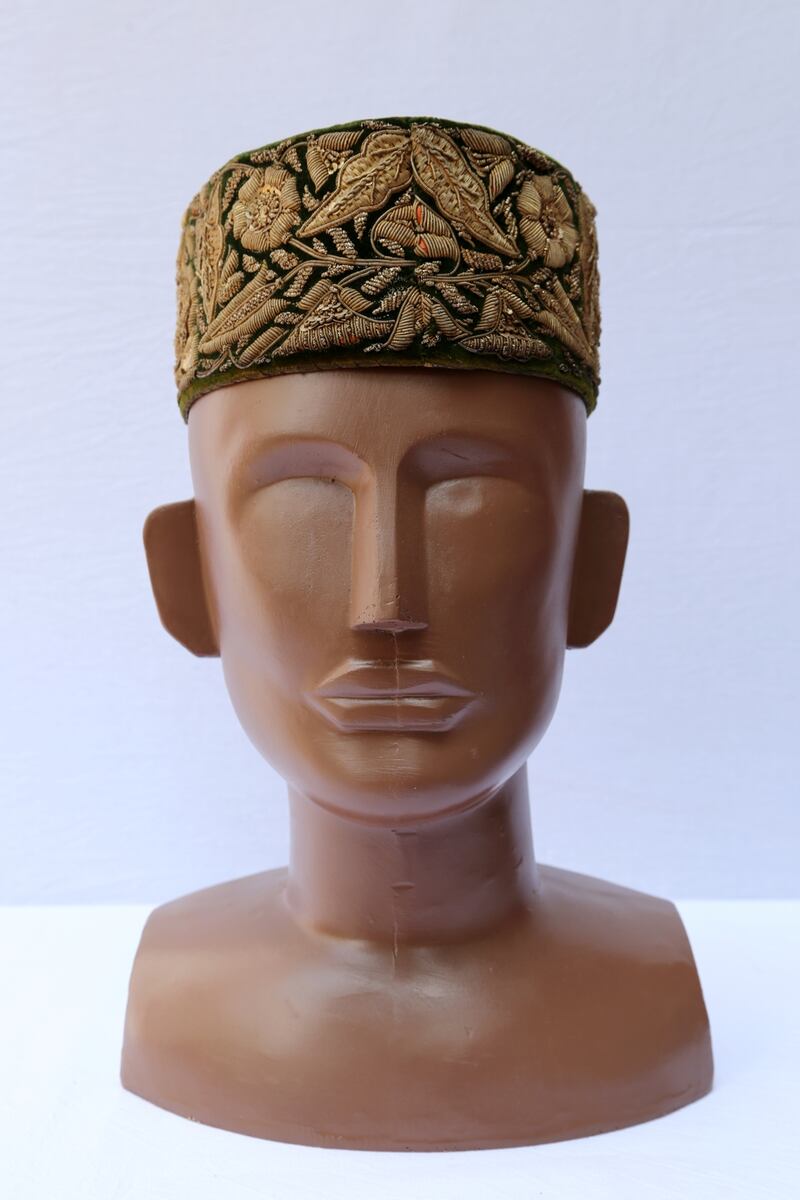 Parsee Man’s Cap, with the exterior thickly embroidered with stiff silver thread, this headgear was worn in the Bhavnagar district