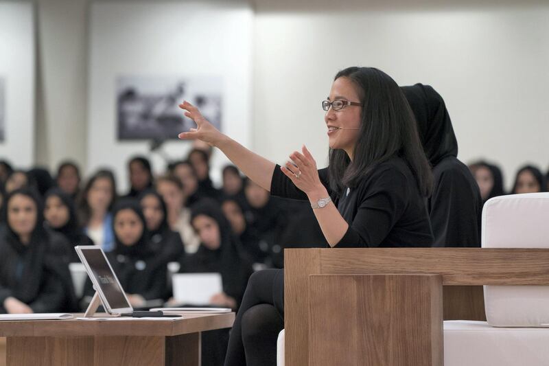 ABU DHABI, UNITED ARAB EMIRATES - May 23, 2018: Angela Duckworth (C) delivers a lecture titled ‘True Grit: The Surprising, and Inspiring Science of Success’, at Majlis Mohamed bin Zayed.
 ( Mohamed Al Hammadi / Crown Prince Court - Abu Dhabi )
---