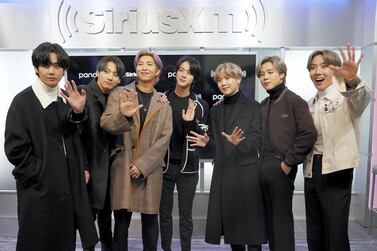 NEW YORK, NEW YORK - FEBRUARY 21: K-pop boy band BTS visit the SiriusXM Studios on February 21, 2020 in New York City. Cindy Ord/Getty Images for SiriusXM/AFP