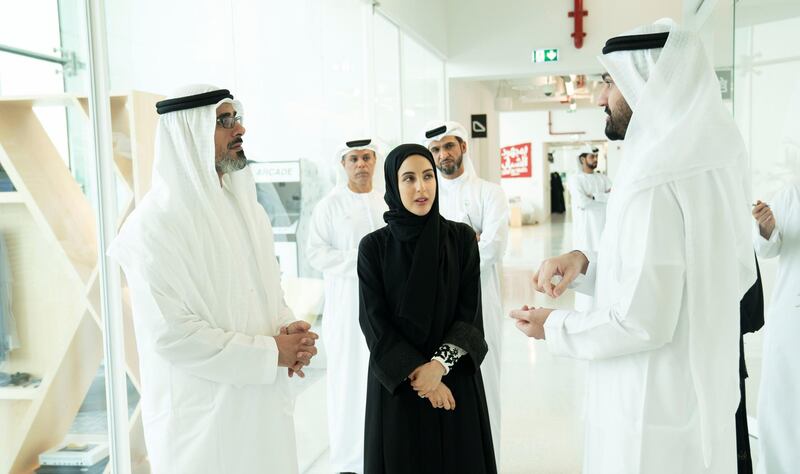 Sheikh Khalid bin Mohamed, Member of the Abu Dhabi Executive Council and Chairman of the Abu Dhabi Executive Office, visits the Abu Dhabi Youth Centre on Wednesday. He is accompanied by Shamma Al Mazrui, Minister of State for Youth Affairs. Wam