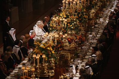 The queen delivers a speech during a state banquet for Emir Sheikh Sabah of Kuwait at Windsor Castle, in November 2012. Getty Images