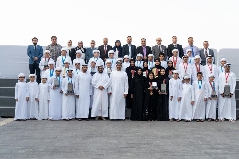 ABU DHABI, UNITED ARAB EMIRATES - June 24, 2019: HH Sheikh Mohamed bin Zayed Al Nahyan Crown Prince of Abu Dhabi Deputy Supreme Commander of the UAE Armed Forces (front row 9th R), stands for a photograph with The UAE School students who won the second place in the World Championship of Artificial Intelligence and Robot Fix, which was held in Kentucky, USA, during a Sea Palace barza. Seen with HH Sheikh Tahnoon bin Mohamed Al Nahyan, Ruler's Representative in Al Ain Region (front row 10th R).

( Rashed Al Mansoori / Ministry of Presidential Affairs )
---