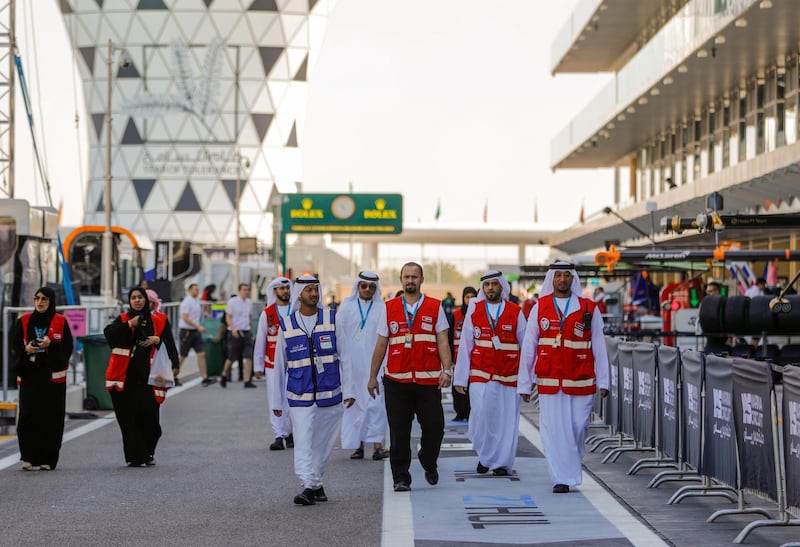 Abu Dhabi, United Arab Emirates, November 28, 2019.  Formula 1 Etihad Airways Abu dhabi Grand Prix.--Emergency response voluteers during the Formula 1 public pitlane walk.Victor Besa / The NationalSection:  SPReporter:  Simon Wilgress-Pipe