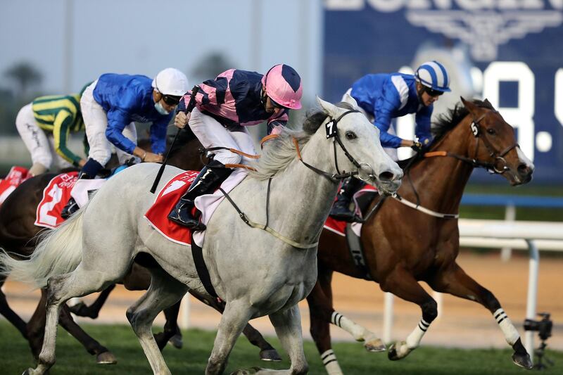 Dubai, United Arab Emirates - Reporter: Amith Passela. Sport. Horse Racing. Lord Glitters ridden by Daniel Tudhope (pink) wins the Jebel Hatta on Super Saturday at Meydan. Dubai. Saturday, March 6th, 2021. Chris Whiteoak / The National