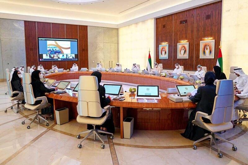 Sheikh Mohammed bin Rashid, Vice President, Prime Minister and Ruler of Dubai, chairs the Council of Ministers at Al-Watan Palace. Courtesy Sheikh Mohammed bin Rashid's Twitter