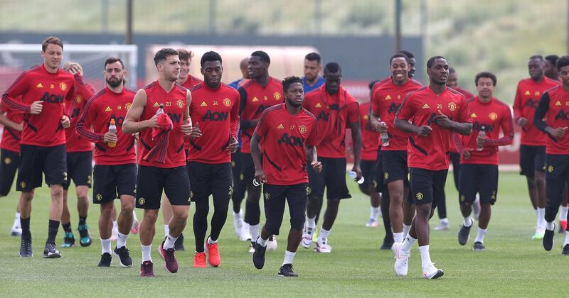 MANCHESTER, ENGLAND - JUNE 17: (EXCLUSIVE COVERAGE) Nemanja Matic, Bruno Fernandes, Diogo Dalot, Timothy Fosu-Mensah, Paul Pogba, Fred, Eric Bailly, Anthony Martial, Odion Ighalo, Jesse Lingard of Manchester United at Aon Training Complex on June 17, 2020 in Manchester, England. (Photo by Matthew Peters/Manchester United via Getty Images)